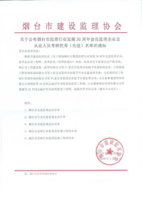 烟台市监理行业先进监理企业及先进监理人员