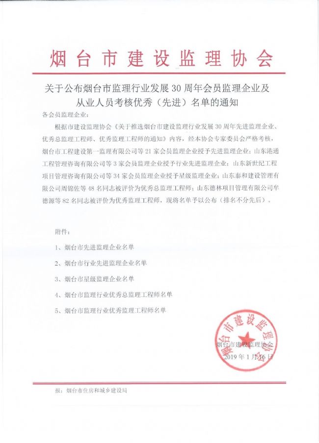 烟台市监理行业优秀监理工程师